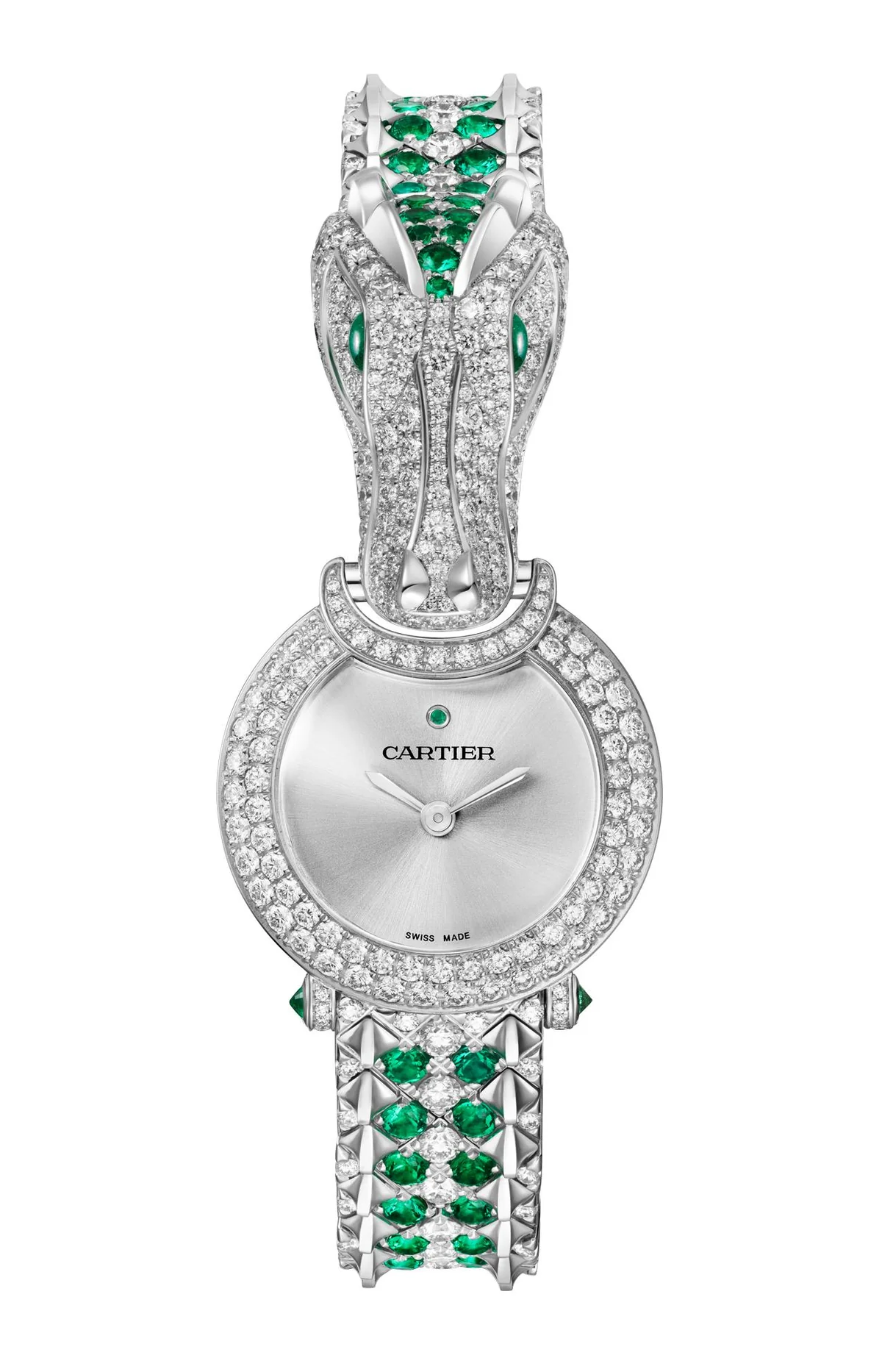 Orologio Gioiello Animalier, Oro Bianco, Diamanti, Smeraldo,