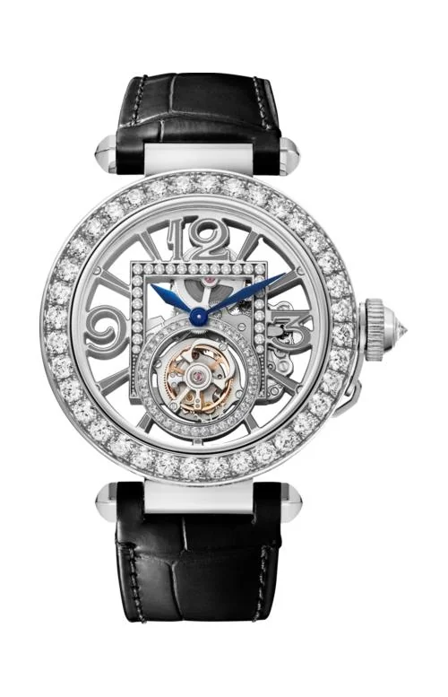 Pasha De Cartier 41 Mm, Manuale, Oro Bianco, Diamanti, Quadrante Scheletrato, Tourbillon, 2 Cinturini