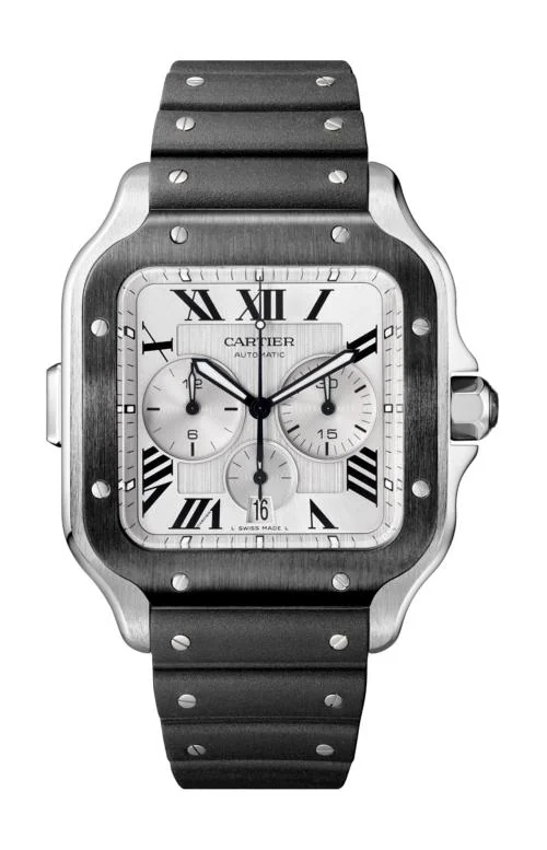 Santos De Cartier, Modello Extra-Large, Acciaio E Caucciu, 2 Cinturini Intercambiabili