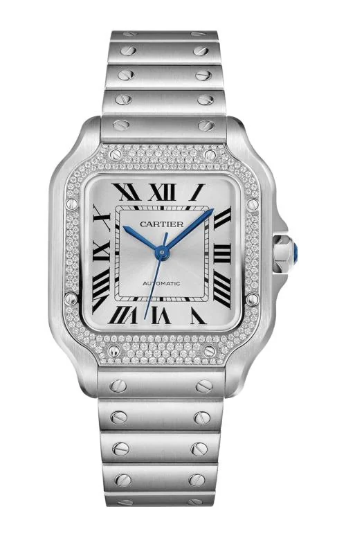 Santos De Cartier Modello Medio, Automatico, Acciaio, Diamanti, Cinturino In Pelle Intercambiabile