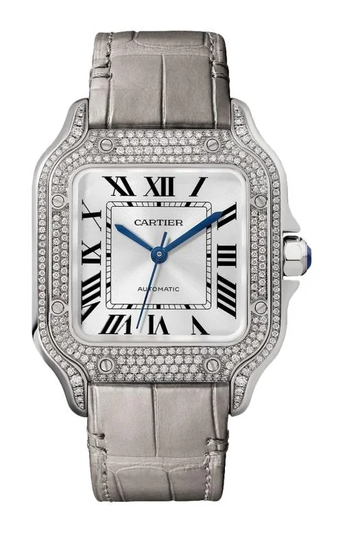 Santos De Cartier Modello, Medio, Oro Bianco, Diamanti,